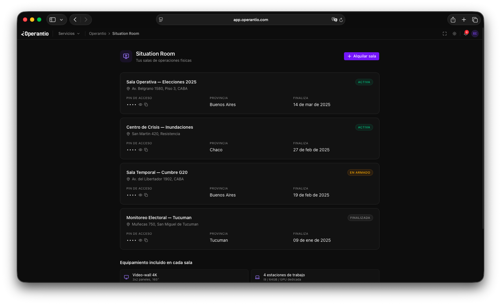 Situation Room — Panel de gestión de salas operativas